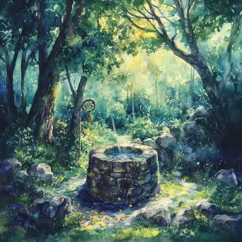 Peaceful rural scene of a stone well in a glade, filled with shimmering wishing coins - Image 3