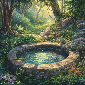 Peaceful rural scene of a stone well in a glade, filled with shimmering wishing coins - Image 4