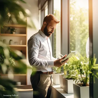 Man reviewing his digital calendar on a tablet in a modern office with plants. - Image 1