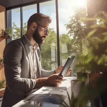 Man reviewing his digital calendar on a tablet in a modern office with plants. - Image 2