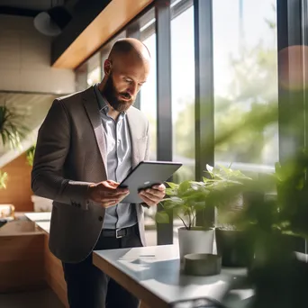 Man reviewing his digital calendar on a tablet in a modern office with plants. - Image 3