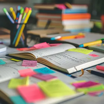 Close-up of colorful study notes with stationery on a desk. - Image 3