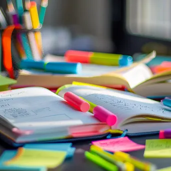 Close-up of colorful study notes with stationery on a desk. - Image 4