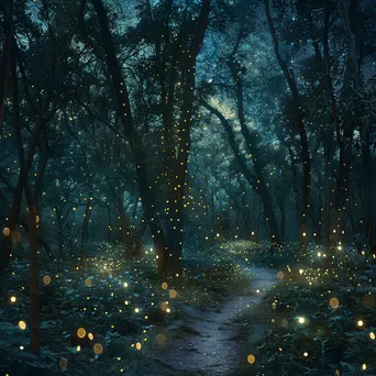 Enchanted forest with fireflies and starry sky - Image 1