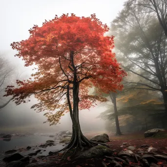 Maple tree with autumn leaves in foggy forest - Image 1