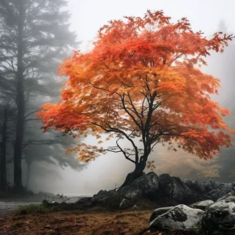 Maple tree with autumn leaves in foggy forest - Image 3