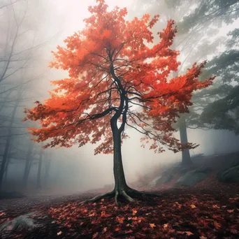 Maple tree with autumn leaves in foggy forest - Image 4