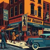 Dynamic streets of Harlem during the Renaissance with jazz musicians and artists - Image 2