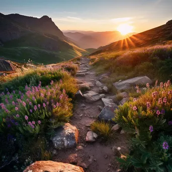 Mountain trail with wildflowers at sunrise - Image 1