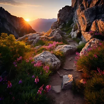 Mountain trail with wildflowers at sunrise - Image 3