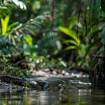 Crocodile basking in the sun on the riverbank. - Image 1