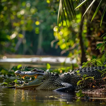 Crocodile basking in the sun on the riverbank. - Image 4