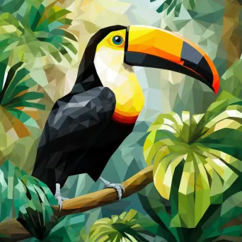 Geometric representation of a tropical toucan in low poly style with vibrant yellow contrast on lush green foliage - Image 1