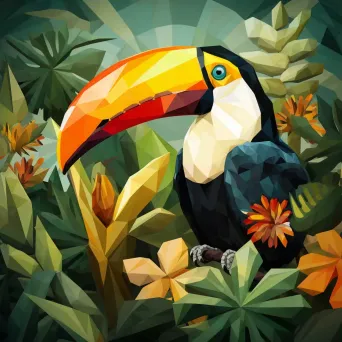 Geometric representation of a tropical toucan in low poly style with vibrant yellow contrast on lush green foliage - Image 3