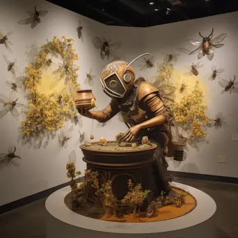 Image depicting a multimedia exhibit exploring the relationship between humans and bees - Image 1