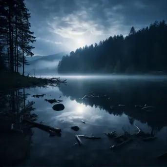 Tranquil lake at night with reflection of the moon on misty water - Image 1