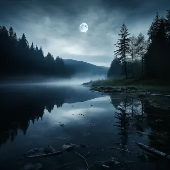 Tranquil lake at night with reflection of the moon on misty water - Image 3