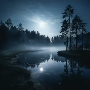 Tranquil lake at night with reflection of the moon on misty water - Image 4