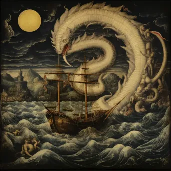 Sea serpent wrapping around sailor