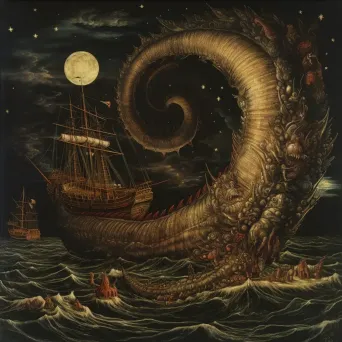 Sea serpent wrapping around sailor