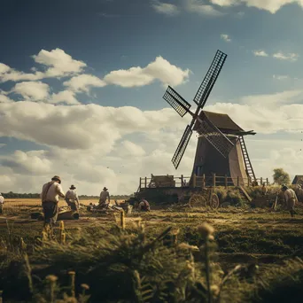 Farmers working near traditional windmill - Image 1