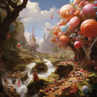 Colorful candy land scene with chocolate rivers and gumdrop trees - Image 2