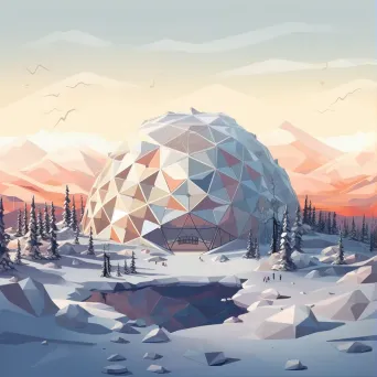 Geometric geodesic dome in a winter landscape portrayed in low poly style - Image 1