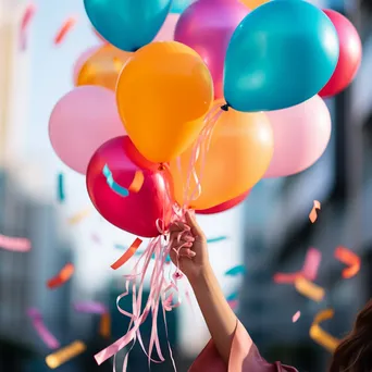 Graduate holding diploma with colorful balloons in background - Image 1