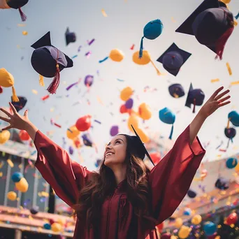 Graduate holding diploma with colorful balloons in background - Image 3