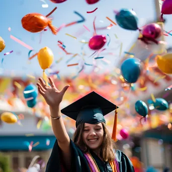 Graduate holding diploma with colorful balloons in background - Image 4