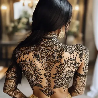 Woman adorned with intricate full-body henna designs in earthy tones - Image 1