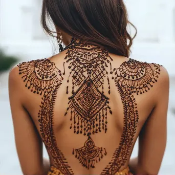 Woman adorned with intricate full-body henna designs in earthy tones - Image 2