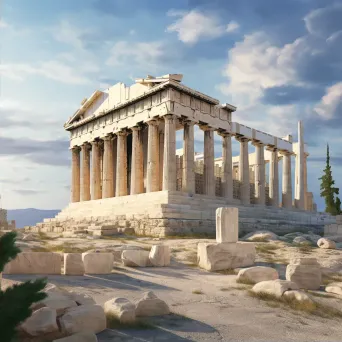 Ancient Greek ruins featuring the iconic Doric columns and intricate friezes of the Parthenon atop the Acropolis in Athens - Image 2