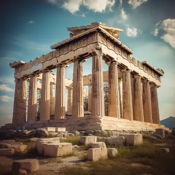 Ancient Greek ruins featuring the iconic Doric columns and intricate friezes of the Parthenon atop the Acropolis in Athens - Image 3