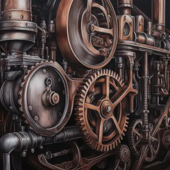 Artistic depiction of a vintage steam engine with gleaming pistons and gears - Image 2