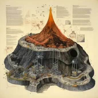 Detailed ink drawing of a volcano cross-section showing geological layers, magma chamber, and eruption phases - Image 1