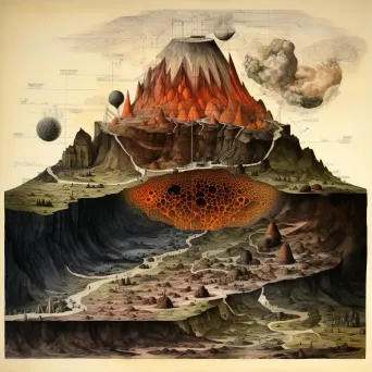 Detailed ink drawing of a volcano cross-section showing geological layers, magma chamber, and eruption phases - Image 3