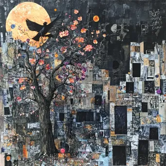 Mixed media collage of bombed buildings transforming into blossoming trees - Image 4