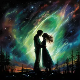 Dreamlike painting of a couple sharing a kiss under the aurora borealis - Image 1