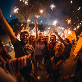 Friends dancing around a bright bonfire at night - Image 1