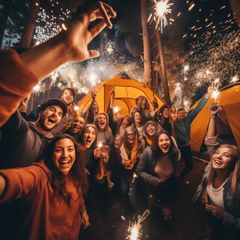 Friends dancing around a bright bonfire at night - Image 2