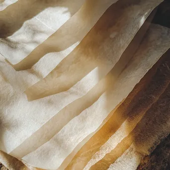 Close-up of handmade paper sheets drying in sunlight. - Image 1