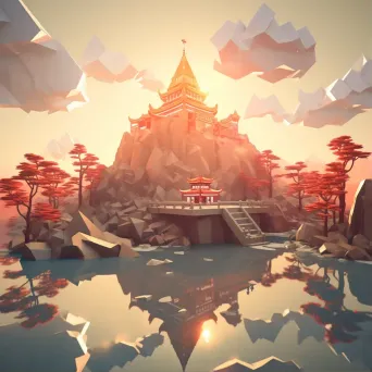 Low poly depiction of a serene mountaintop temple at sunrise - Image 1