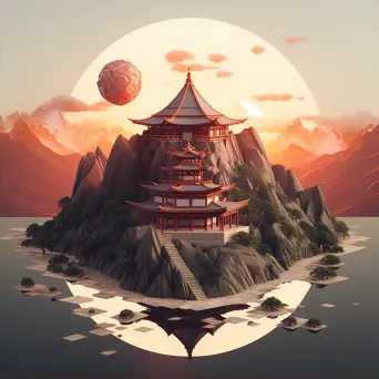 Low poly depiction of a serene mountaintop temple at sunrise - Image 2