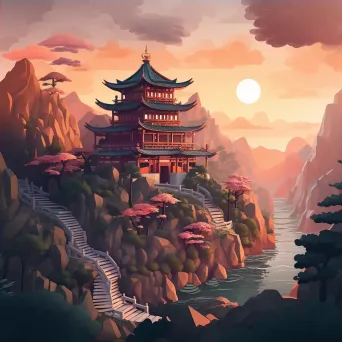 Low poly depiction of a serene mountaintop temple at sunrise - Image 4