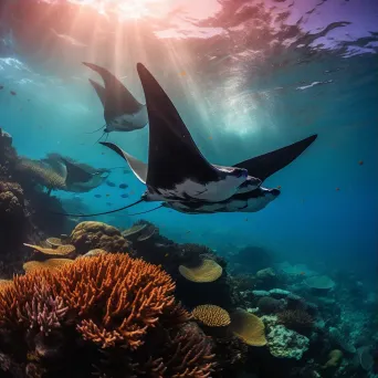 Manta rays swimming in tropical atoll - Image 3