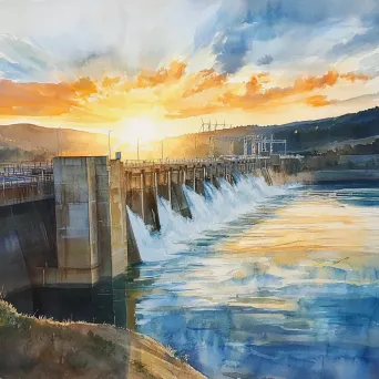 Colossal dam at sunrise, watercolor painting reflecting Monet