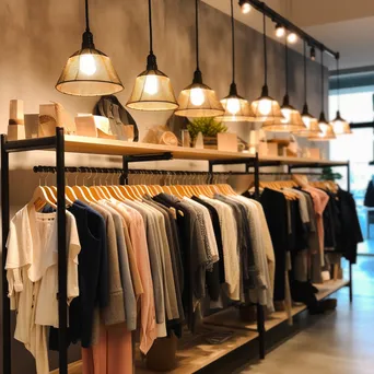 Organized clothing on hangers in a boutique with warm lighting. - Image 2