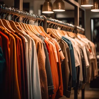 Organized clothing on hangers in a boutique with warm lighting. - Image 3