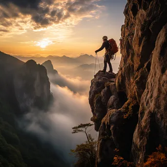 Climber reaching summit of cliff at sunrise - Image 1